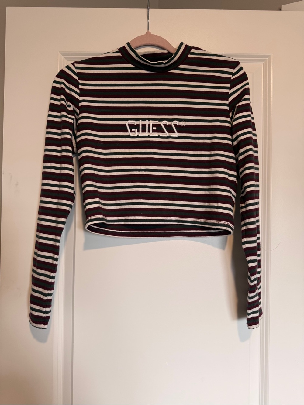 GUESS Striped Long-Sleeve Mock Neck Crop Top in Black, White & Burgundy